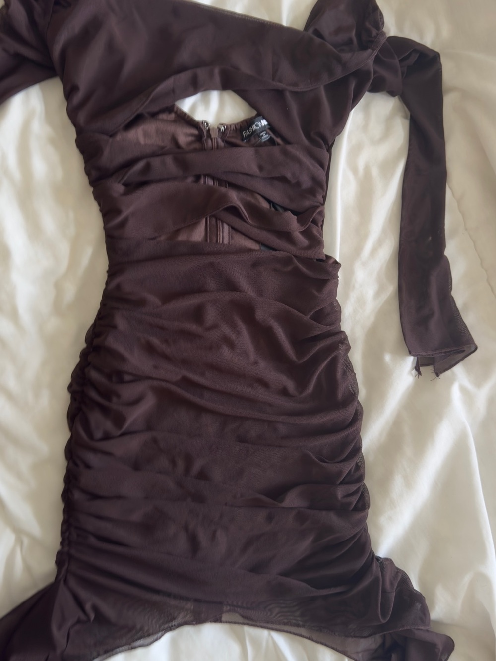Fashion Nova Dark Brown Ruched Long Sleeve Cutout Bodycon Dress